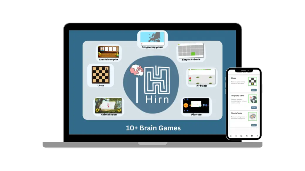 Auf dem Bild ist ein Laptop und ein Smartphone zu sehen, die verschiedene Gehirnspiele präsentieren. In der Mitte steht das Wort "Hirn" umgeben von Symbolen für Spiele wie Schach, geografische Spiele und andere. Es wird auf die Vielfalt von über 10 Denkspielen hingewiesen.