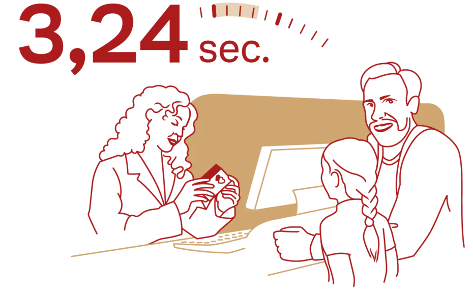 A simplified illustration depicts a service counter with a woman assisting a couple and a child. Above them, text reads "3,24 sec." indicating a quick interaction. The scene emphasizes speed and efficiency in customer service.