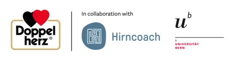 The image features three logos: the first is for "Doppelherz," characterized by two hearts; the second is the "Hirncoach" logo, which includes a stylized letter "H" within a circular shape; the third is the logo for "Universität Bern," prominently displaying the university's name.